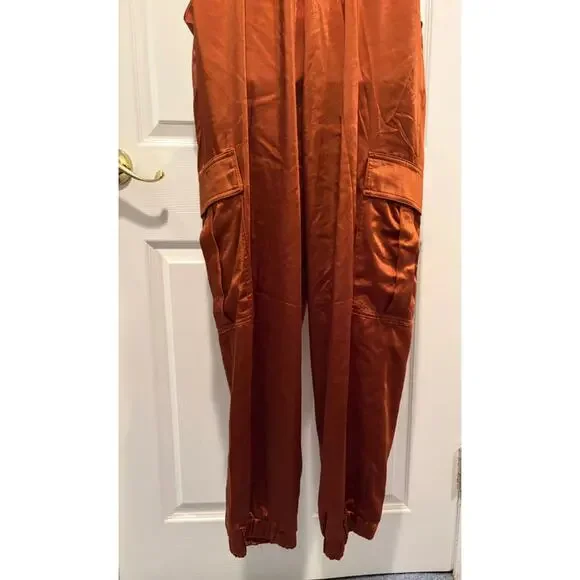 Skies Are Blue Satin Jumpsuit M Brown Cowl Neck Wide Leg Chic NWT - Picture 6 of 12